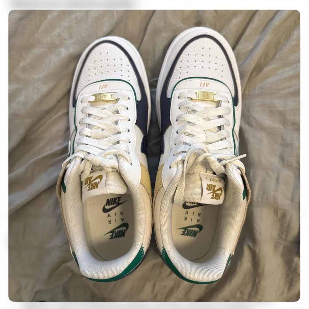 Nike Air Force 1 Low Trainers White with Green and Blue Accents